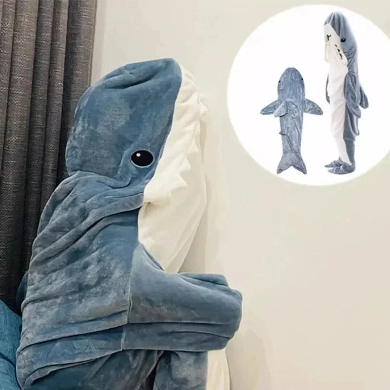 Cozy Cartoon Shark Hoodie Blanket - Fun Flannel Onesie for Kids & Adults