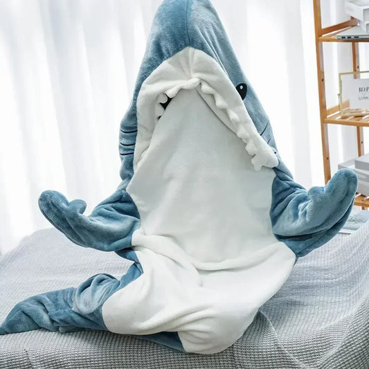 Cozy Cartoon Shark Hoodie Blanket - Fun Flannel Onesie for Kids & Adults