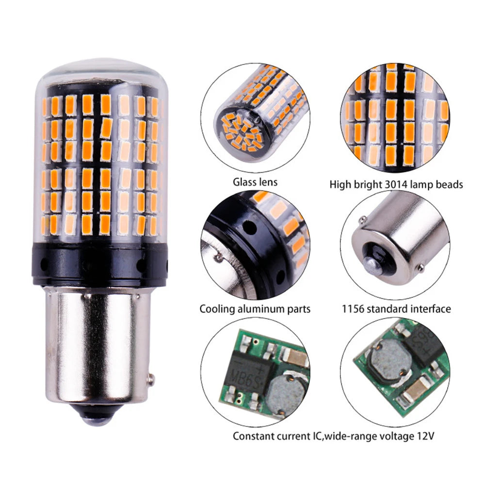 2-Pack LED Flashing Car Signal Lights - Canbus PY21W, P21W, BAU15S, 1156, BA15S, T20, 3157, 1157 Bulbs - 144SMD