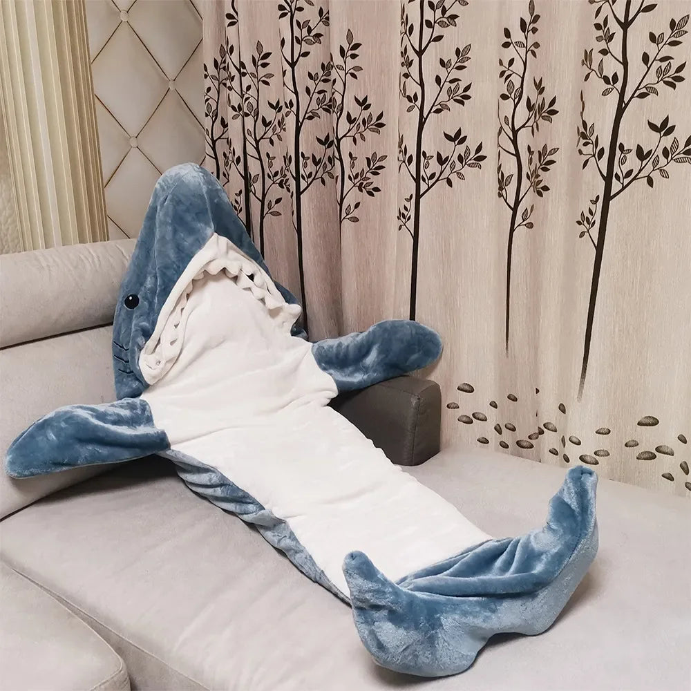 Cozy Cartoon Shark Hoodie Blanket - Fun Flannel Onesie for Kids & Adults