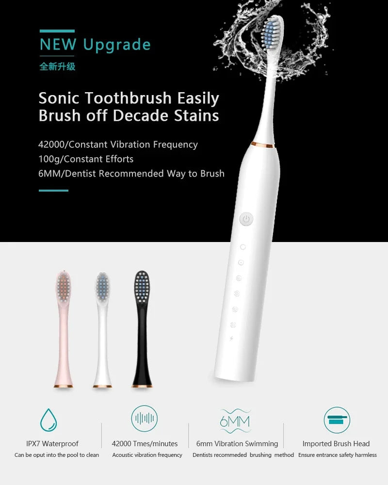 Smart Sonic Electric Toothbrush - USB Rechargeable, Whitening, with Replacement Head