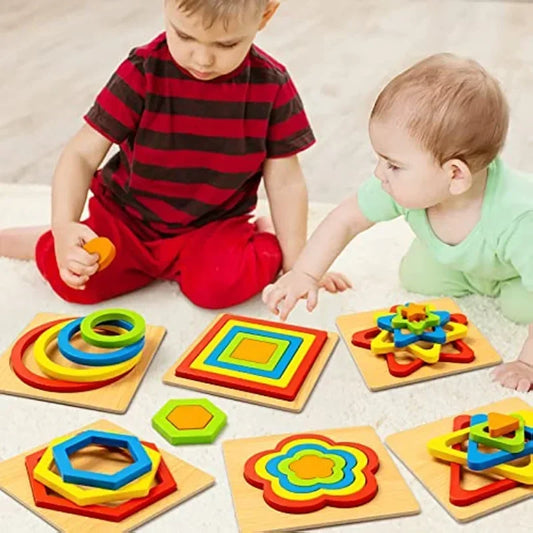 Montessori Wooden Shape Sorting Puzzle - Sensory STEM Toy for Toddlers & Preschoolers