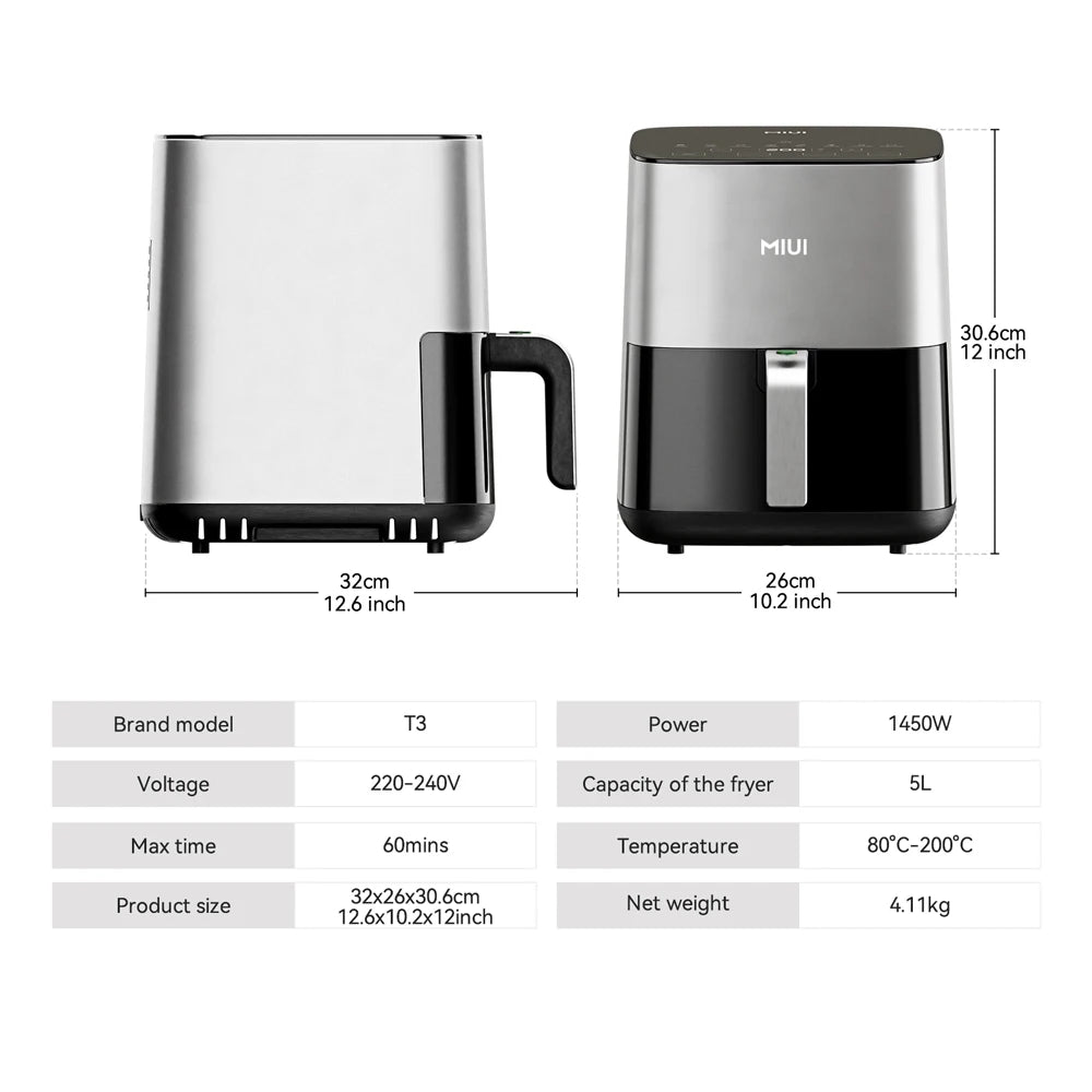 MIUI 5L Air Fryer - Touch Control, Nonstick Basket, Family-Sized Oilless Cooker with Viewing Window