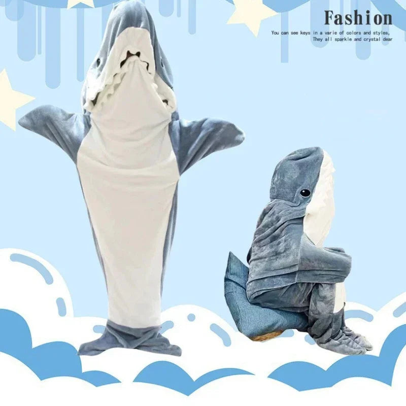 Cozy Cartoon Shark Hoodie Blanket - Fun Flannel Onesie for Kids & Adults