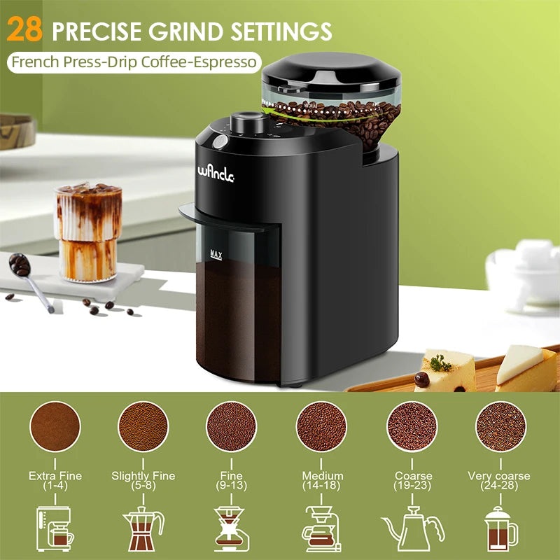 Wancle Conical Burr Coffee Grinder - 28 Precision Settings, Dual Voltage