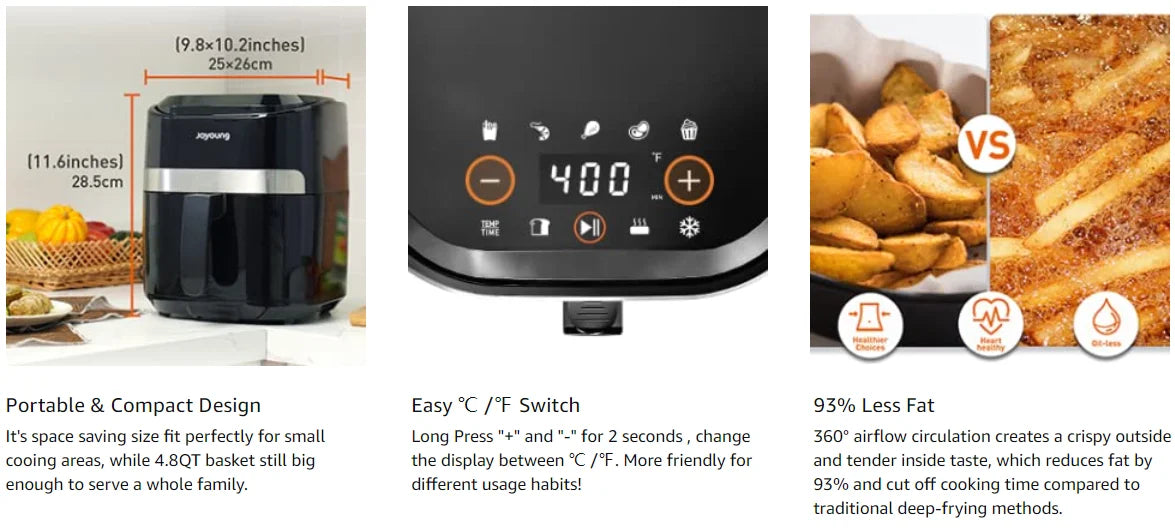 JOYOUNG 4.5L Digital Air Fryer - LED Touch, 8 Smart Programs, Oil-Free Cooking