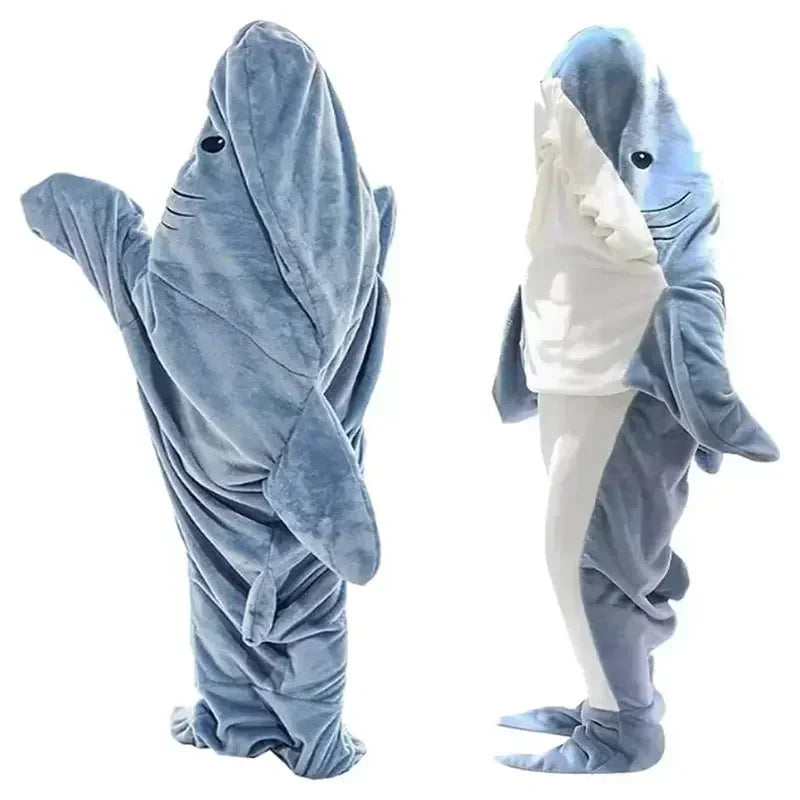 Cozy Cartoon Shark Hoodie Blanket - Fun Flannel Onesie for Kids & Adults