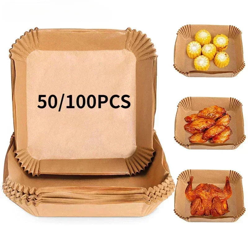 50/100PCS Non-Stick Air Fryer & Oven Baking Paper - Oil-Absorbing BBQ Mats