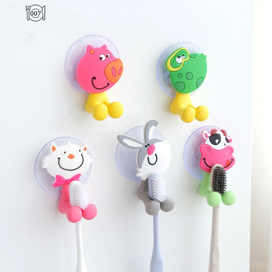 Whimsical Animal Toothbrush Holder - Wall-Mounted, Antibacterial, Suction Cup Bathroom Organizer