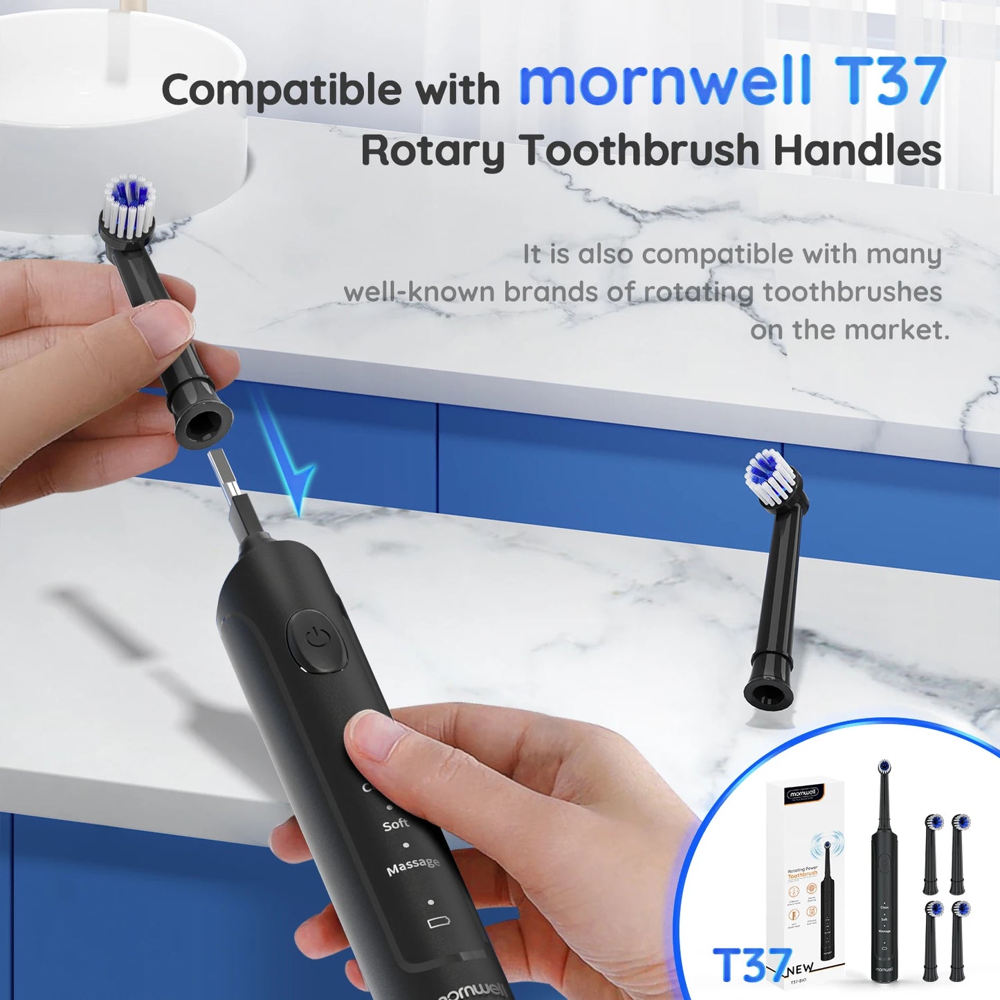 Mornwell T37 Electric Toothbrush - Ultimate Clean with 4 Extra Heads