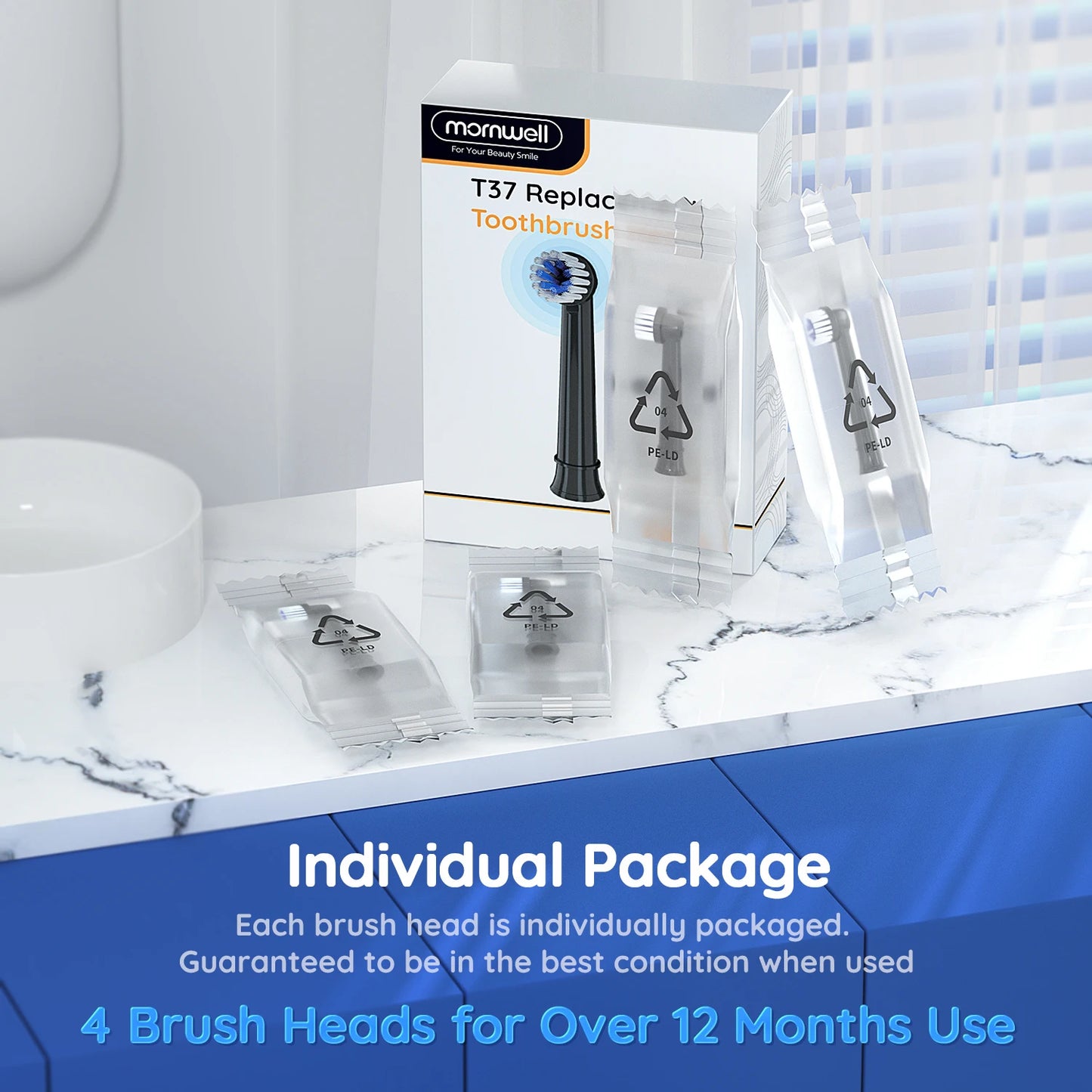 Mornwell T37 Electric Toothbrush - Ultimate Clean with 4 Extra Heads