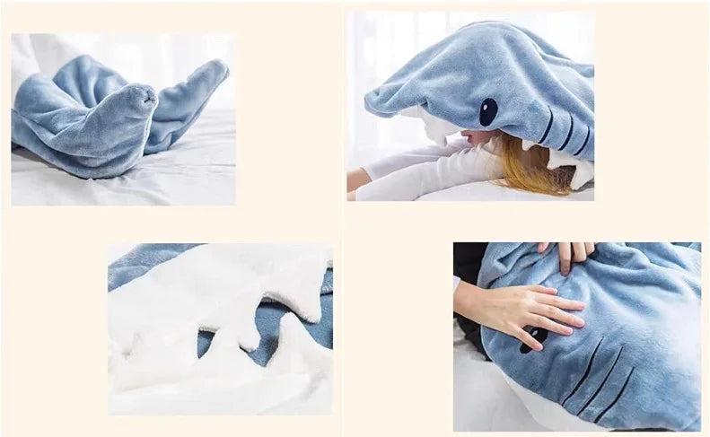 Cozy Cartoon Shark Hoodie Blanket - Fun Flannel Onesie for Kids & Adults